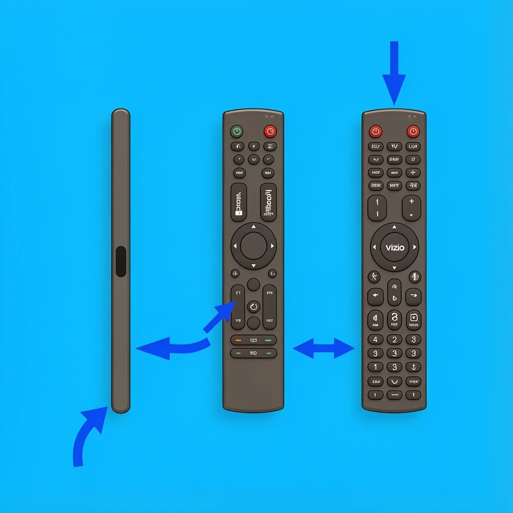 Vizio remote control types comparison Three Vizio remote controls side by side: IR remote with dark tip window, Bluetooth remote with microphone button, and universal remote with extra device buttons