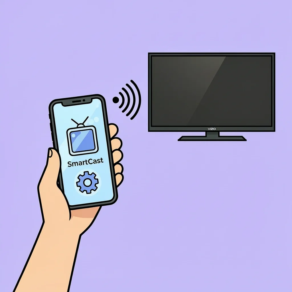 Illustration of a person using the Vizio SmartCast mobile app to control antenna settings on a Vizio TV.
