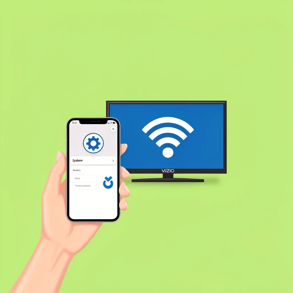 Smartphone app interface showing reset option next to a Vizio TV connected to Wi-Fi