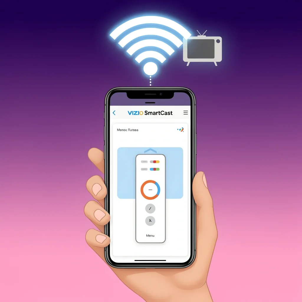 Illustration of using the Vizio SmartCast app on a smartphone to access the TV menu.