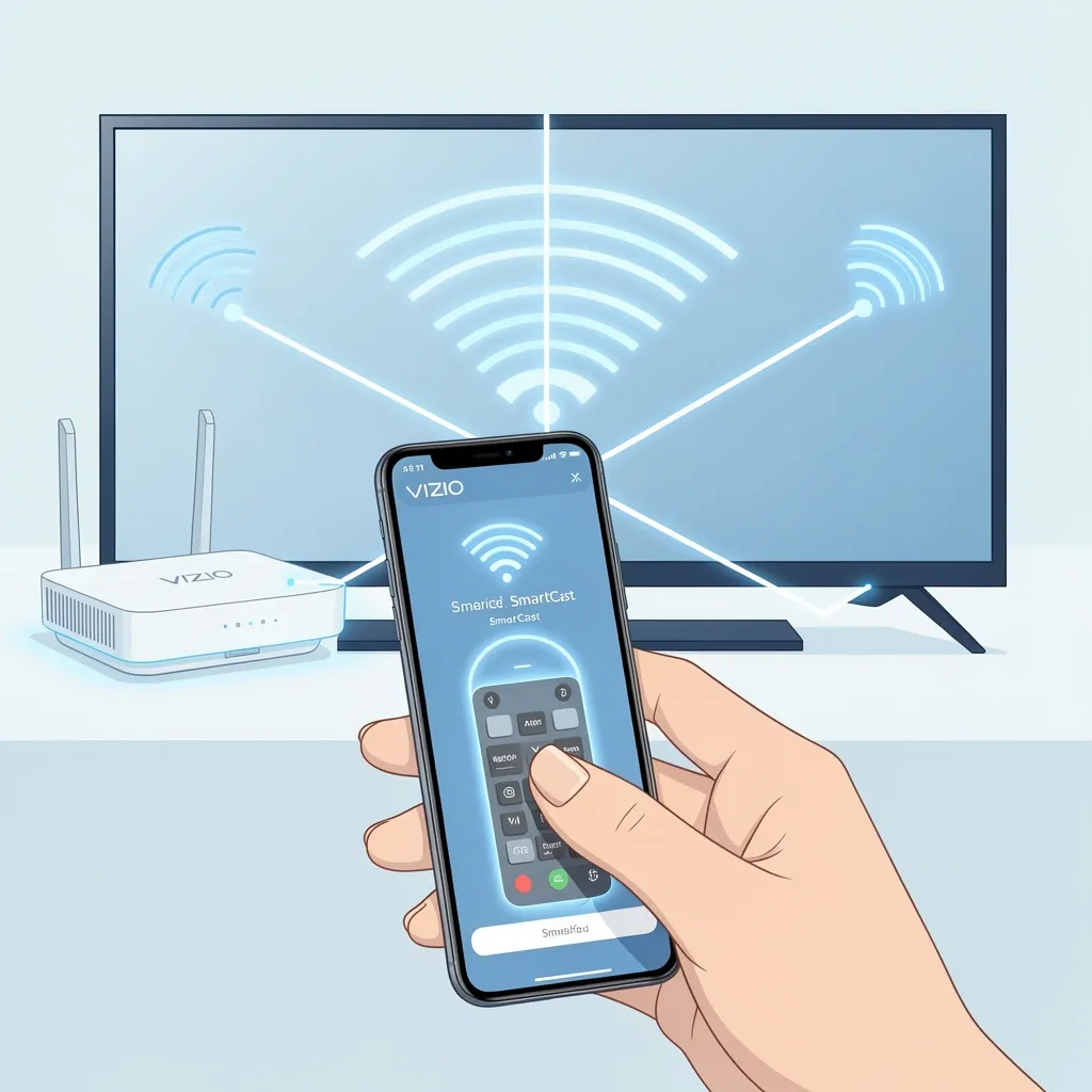 Vizio SmartCast app connection showing smartphone, router, and TV linked via Wi-Fi network