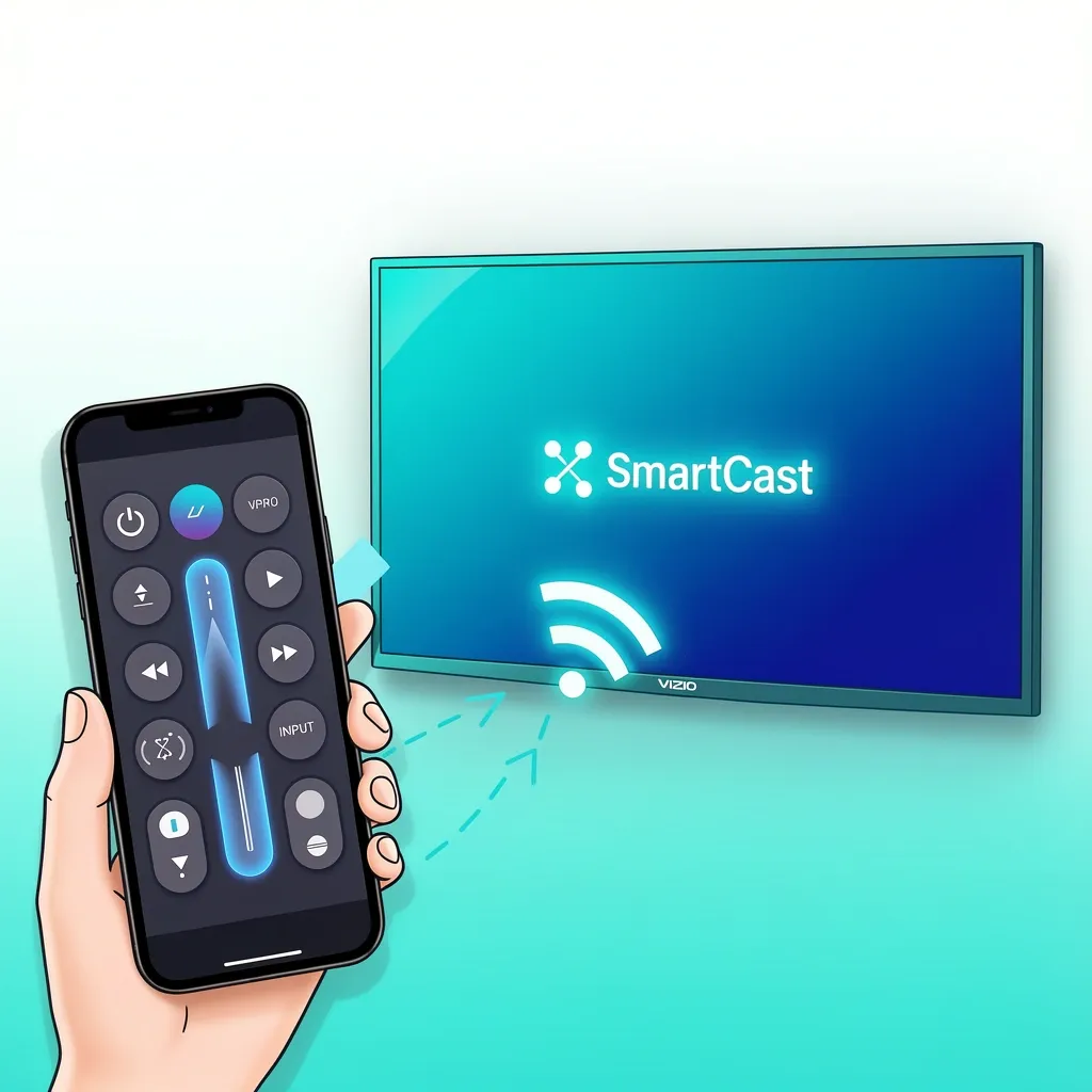 Smartphone showing remote control interface connecting wirelessly to a Vizio SmartCast TV