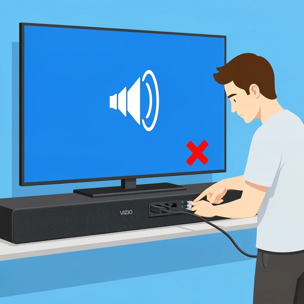 Illustration of common reasons Vizio sound bar has no sound including loose power cable and TV speaker output conflict