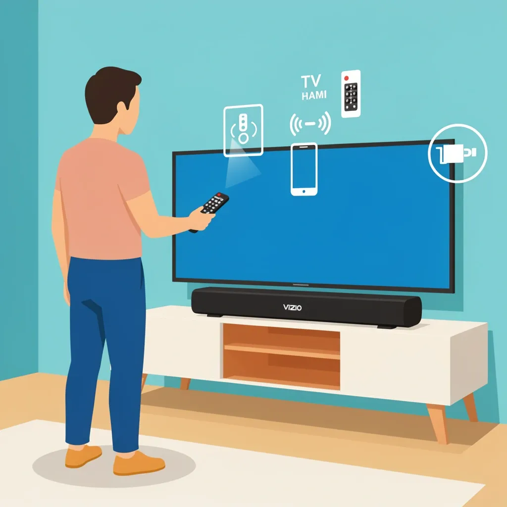 Faceless person holding a universal remote in front of a Vizio sound bar with floating icons representing different remote and connection types