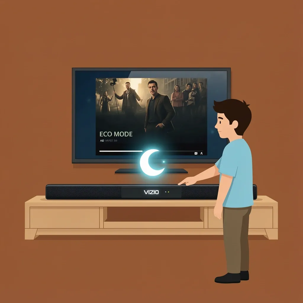 Illustration of Vizio sound bar automatically turning off due to Eco mode with moon icon symbolizing sleep