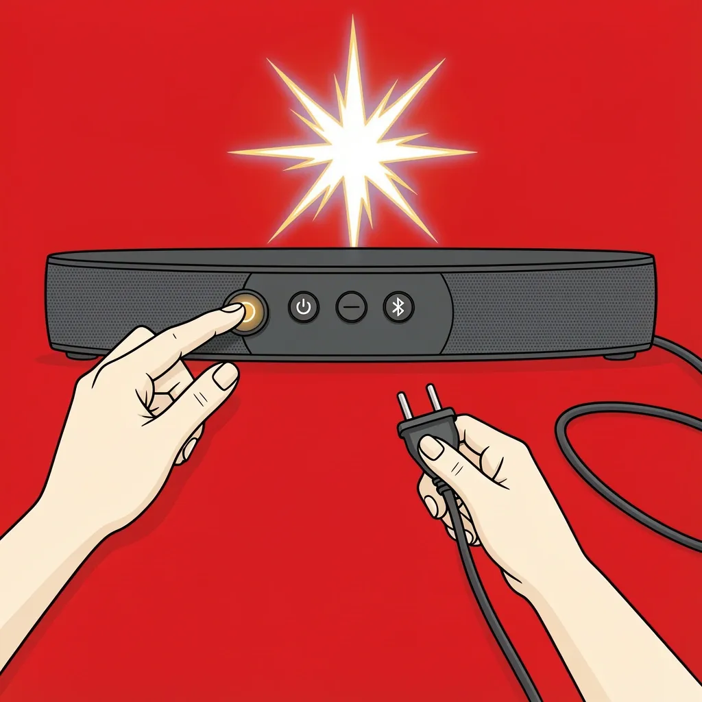 2D illustration of performing a hard factory reset on Vizio sound bar by holding buttons while plugging in power
