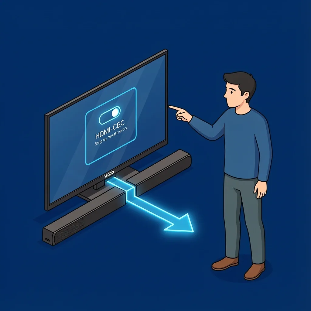 Vector illustration of Vizio sound bar connected via HDMI ARC with character adjusting CEC settings on TV