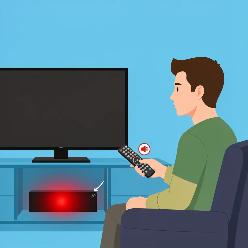 A person pressing the mute button on a remote while looking at a Vizio sound bar with a solid red light, demonstrating the mute fix.