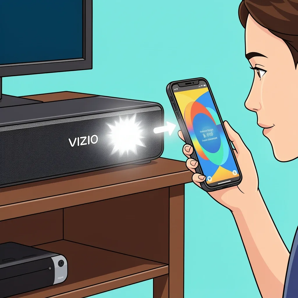 A person holding a smartphone near a Vizio sound bar with a rapidly blinking white light, indicating Bluetooth pairing mode.