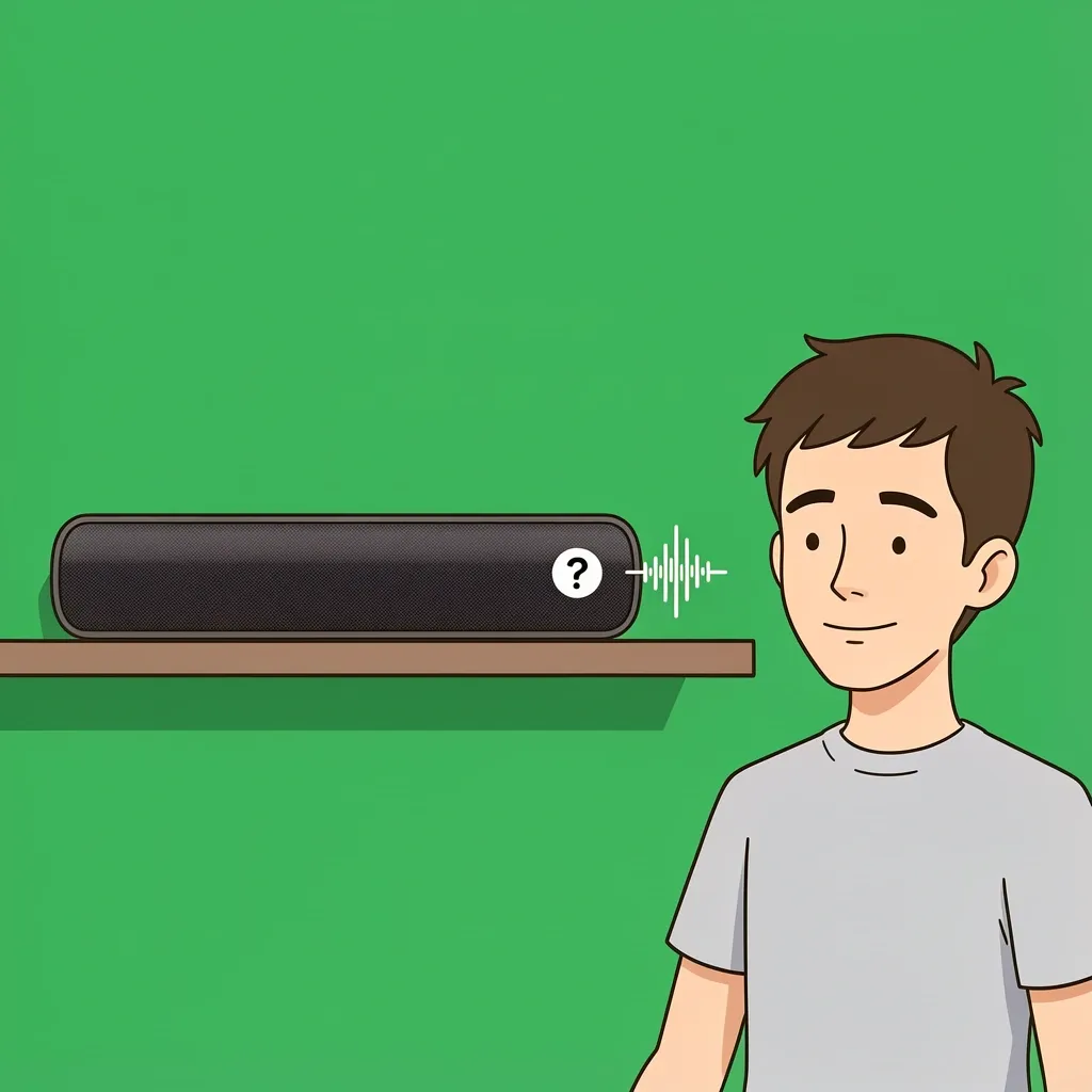 Vector illustration of Vizio sound bar making popping sound when turned off with character shrugging it is normal