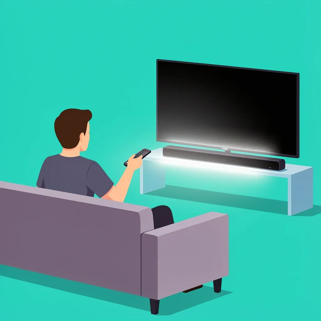 Person observing a Vizio sound bar with a steady white front light, indicating normal operation and connection.