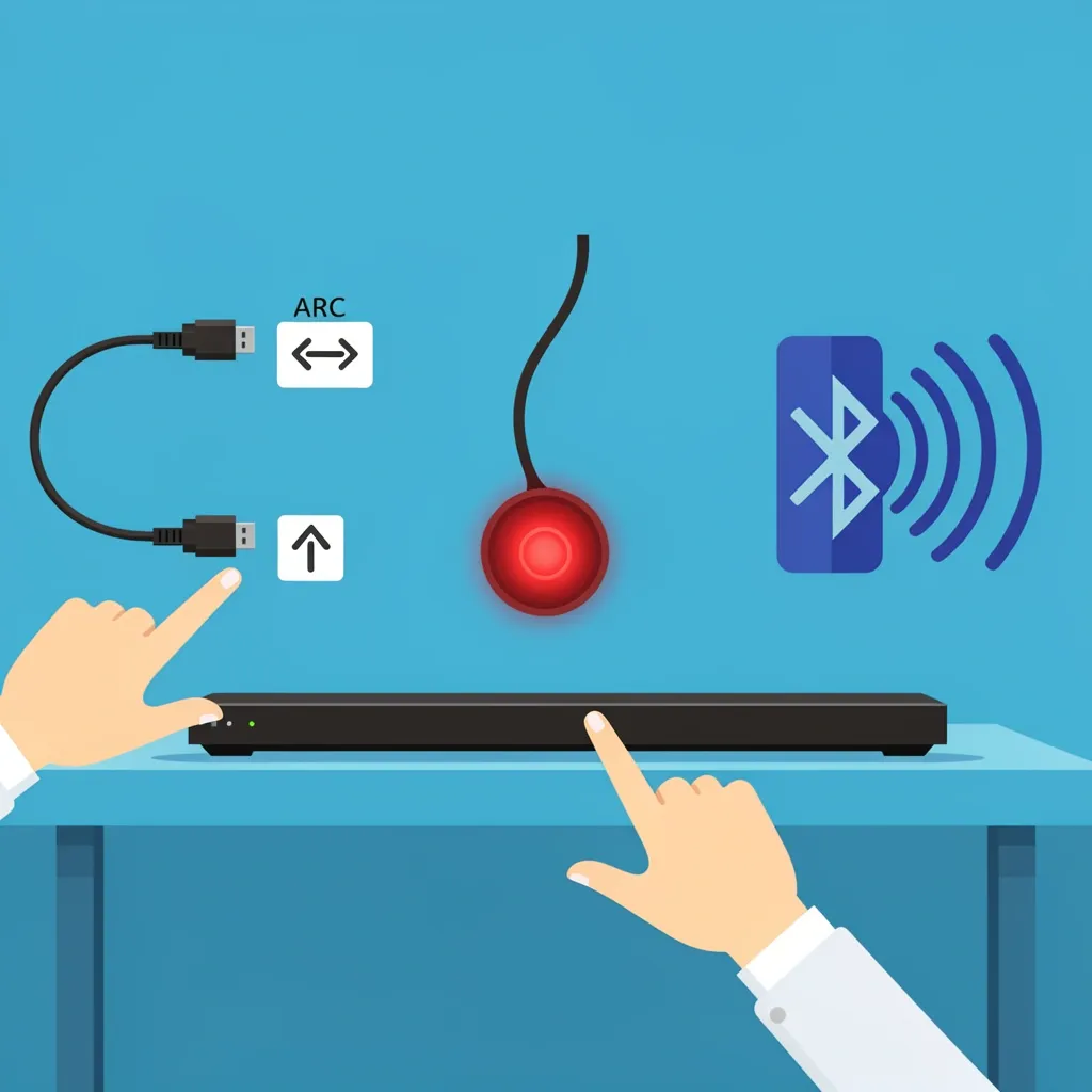 Illustration showing three connection options for a Vizio soundbar: HDMI ARC, optical, and Bluetooth