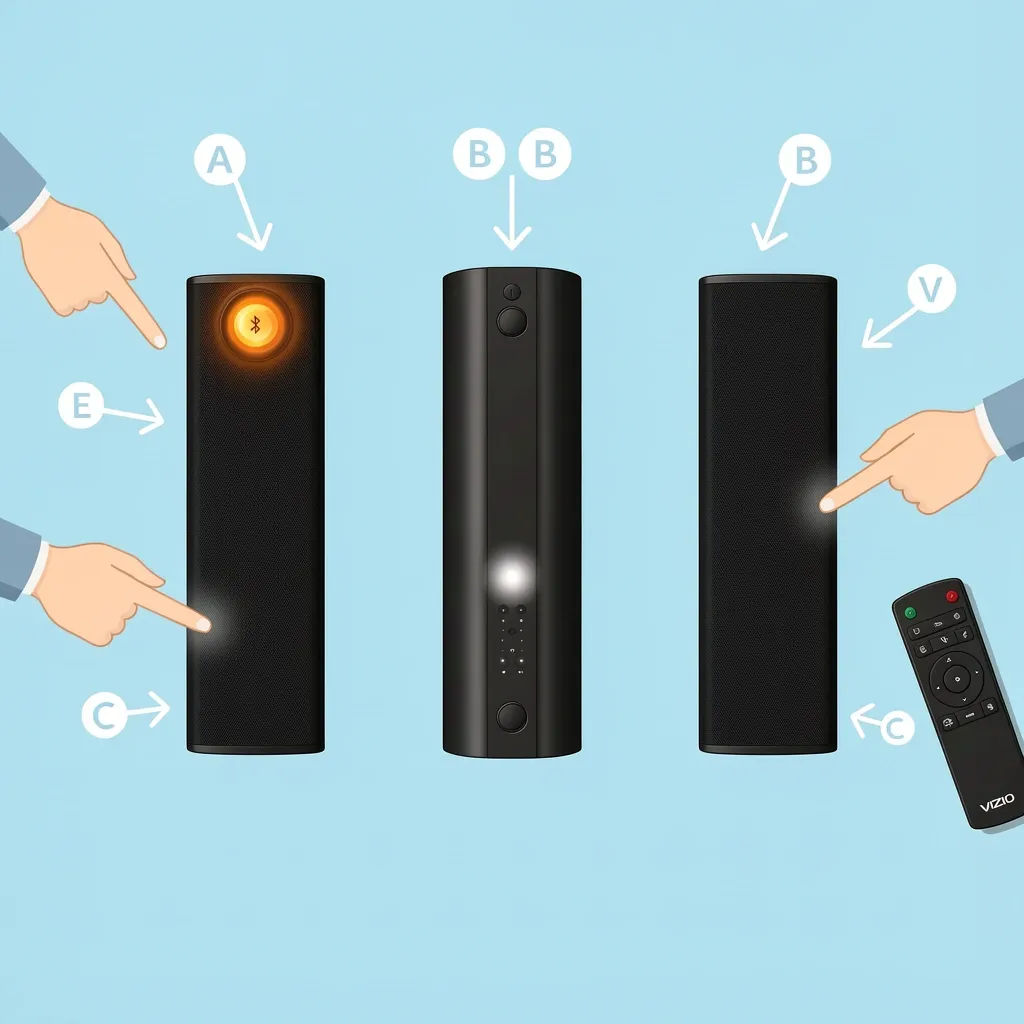 Three Vizio soundbar designs showing different button locations for pairing methods A, B, and C