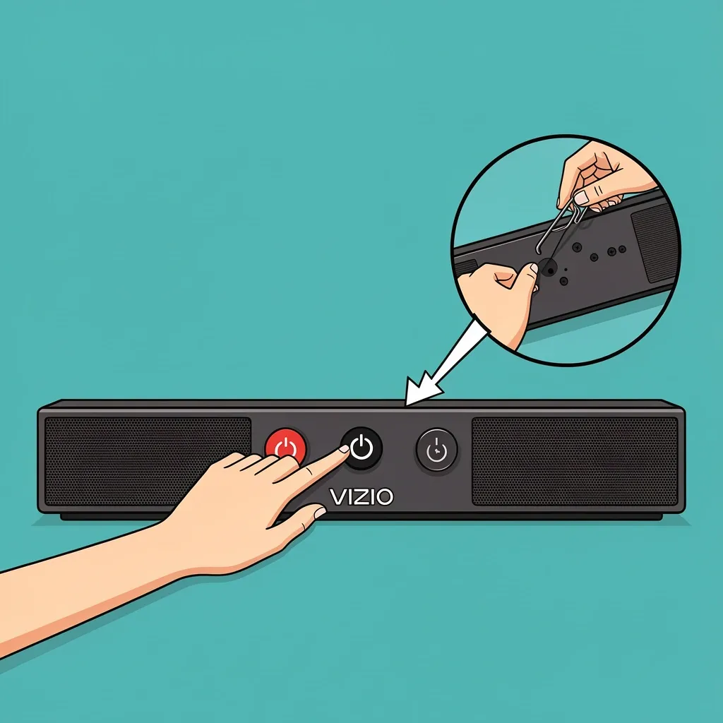 A hand pressing Power and Input buttons on a Vizio soundbar and a paperclip being used on a reset pinhole as a remote-free factory reset method.