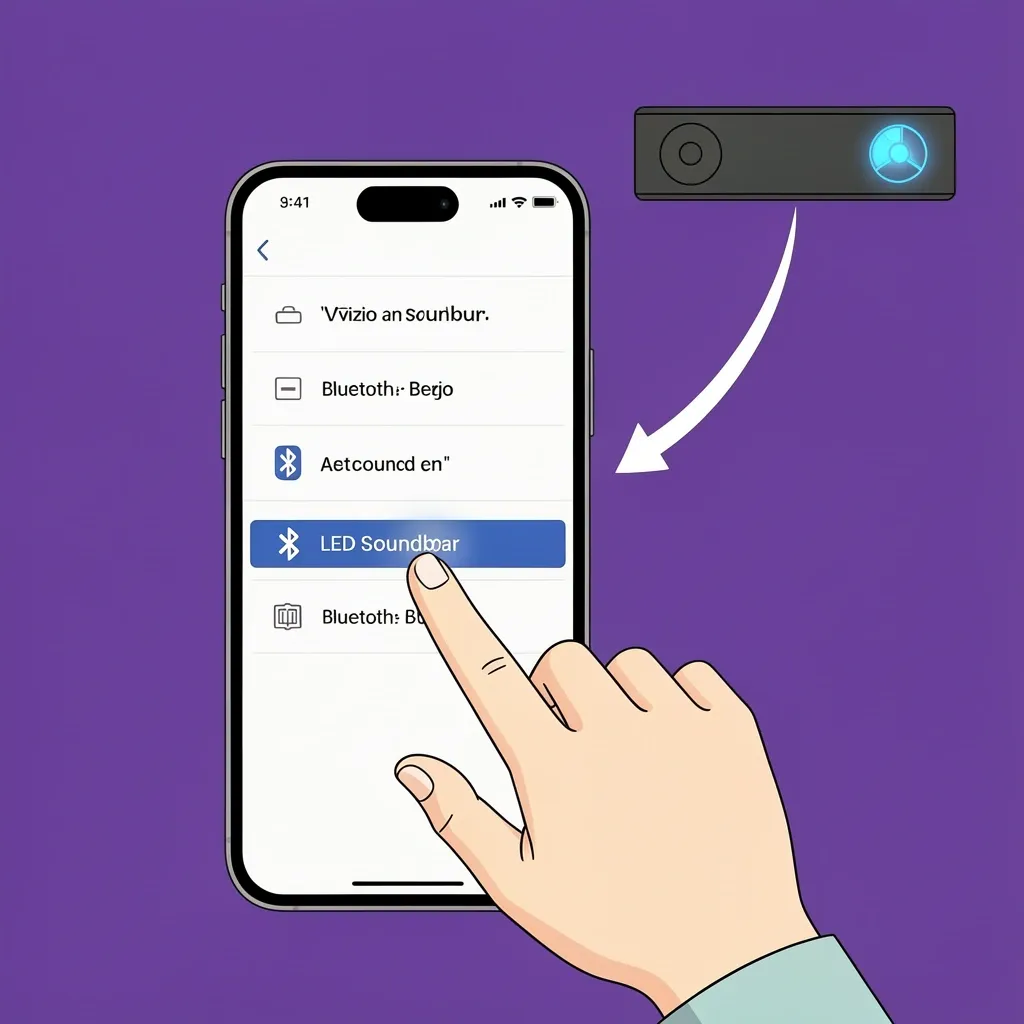 Smartphone Bluetooth settings showing Vizio soundbar not connected with user tapping it