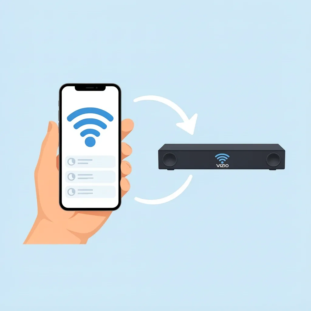 A hand holding a smartphone with a Wi-Fi icon connecting to a Vizio soundbar for Wi-Fi re-setup after a factory reset.