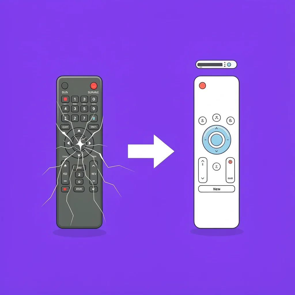 Broken old Vizio remote next to new replacement remote with arrow indicating replacement