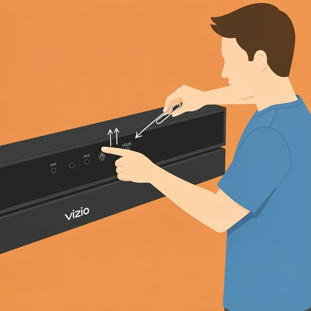 A person pressing physical buttons on a Vizio soundbar and using a paperclip on a reset pinhole as a remote-free reset method.