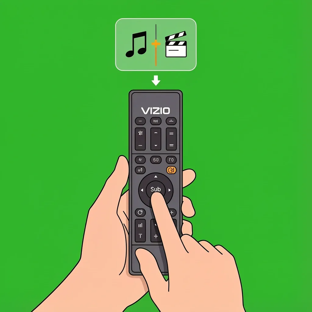 Hand pressing Sub button on Vizio remote to adjust subwoofer level with sound mode icons