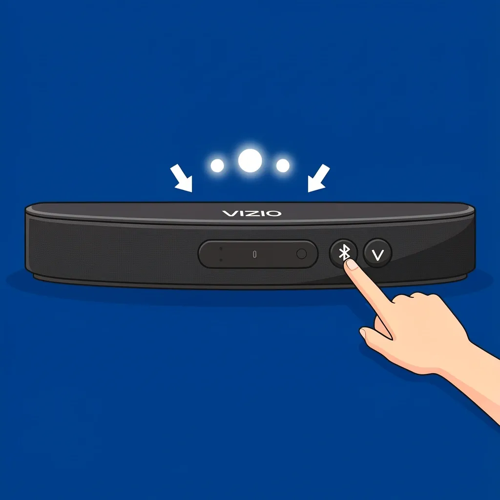 A hand pressing Bluetooth and Volume Down buttons on a Vizio soundbar with three flashing lights indicating a factory reset.