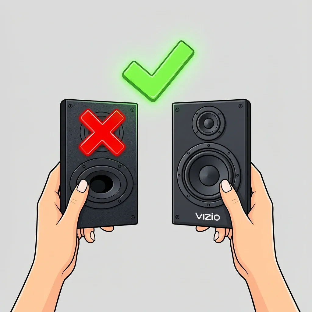Hands holding a Vizio soundbar and subwoofer with compatibility check symbols