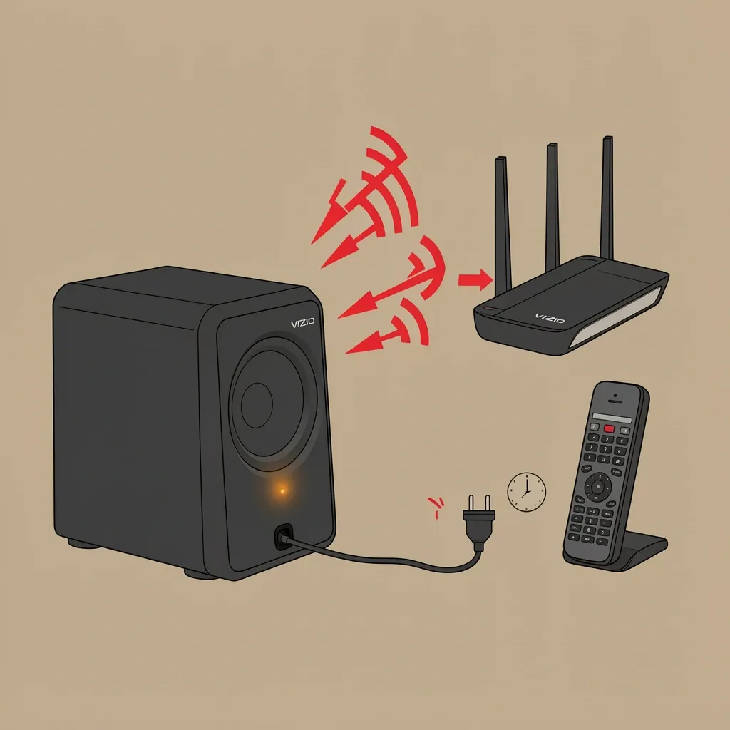 Vizio subwoofer with blinking amber LED near interfering devices like Wi-Fi router and phone