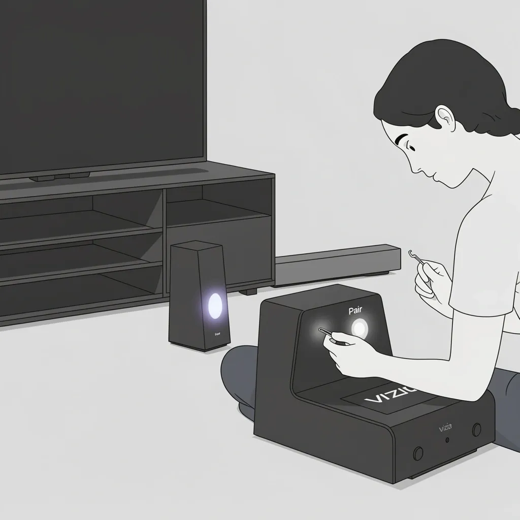Art illustration of manually re-pairing Vizio subwoofer with sound bar using paperclip to press Pair button