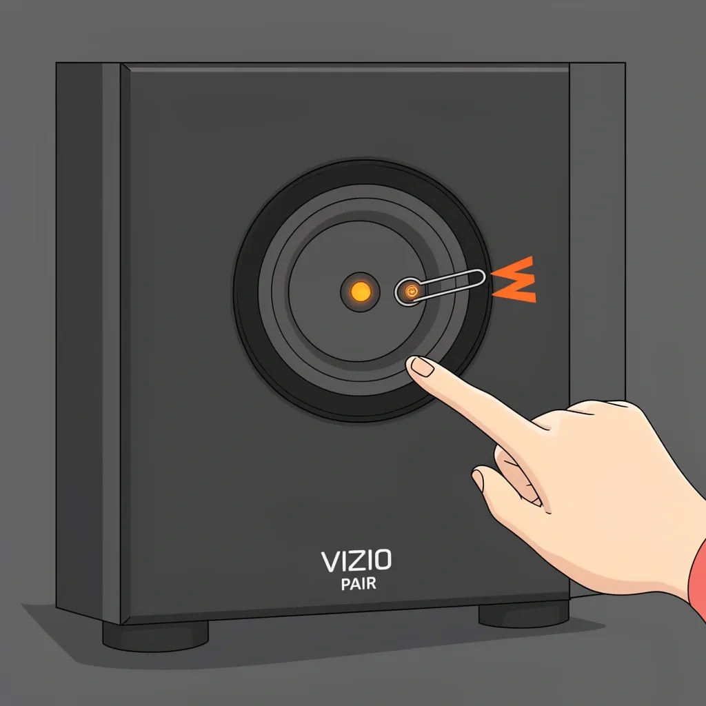Hand pointing to recessed Pair button on back of Vizio subwoofer with paperclip