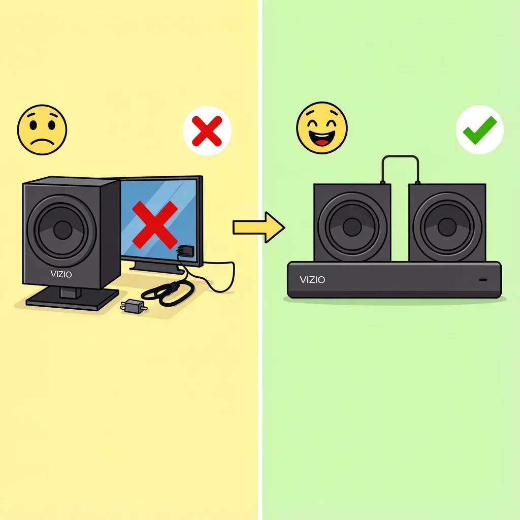 Comparison illustration showing myth of pairing subwoofer with TV via HDMI vs reality of direct pairing with sound bar.