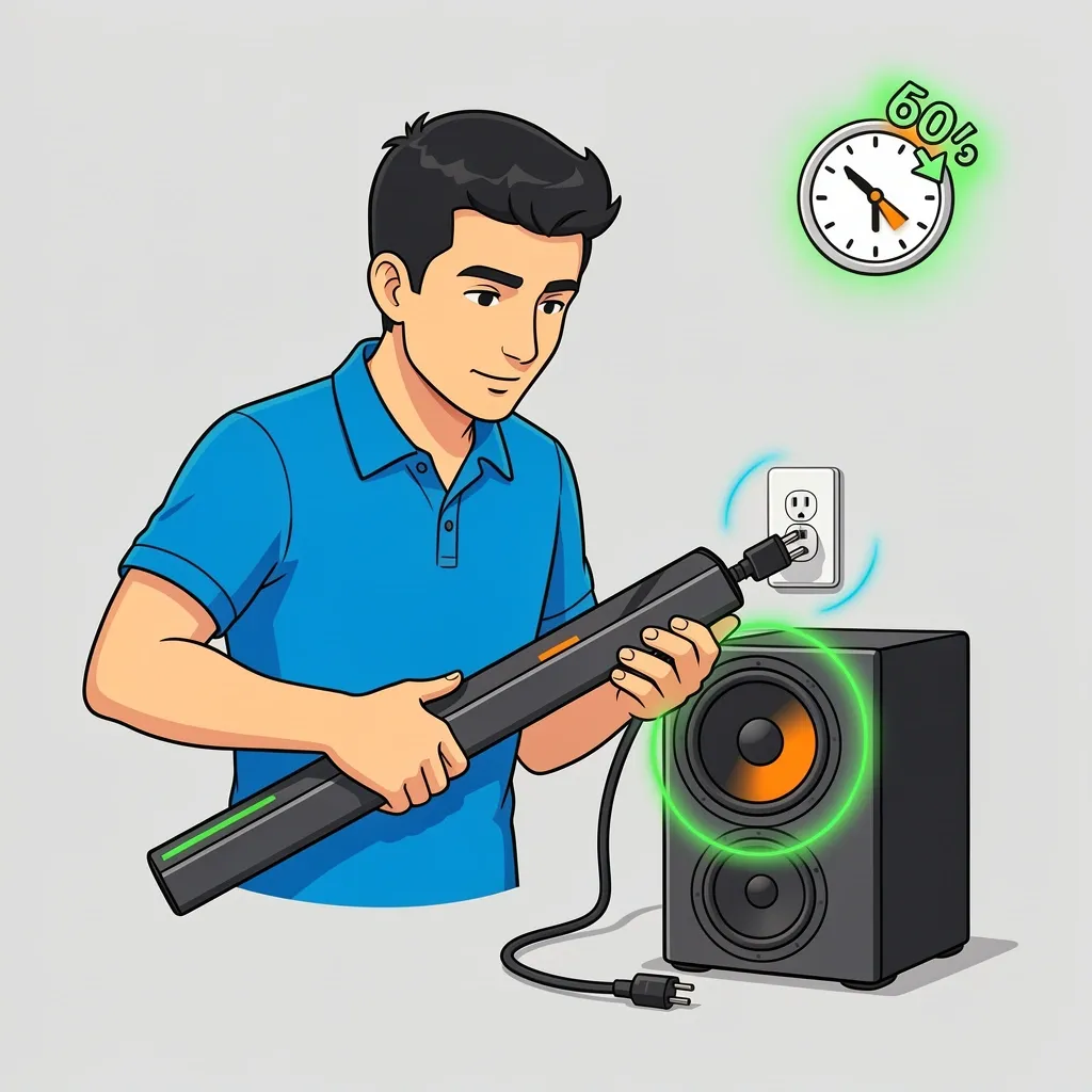 A person unplugging a Vizio sound bar and subwoofer for power cycle reset, with a 60-second timer icon.
