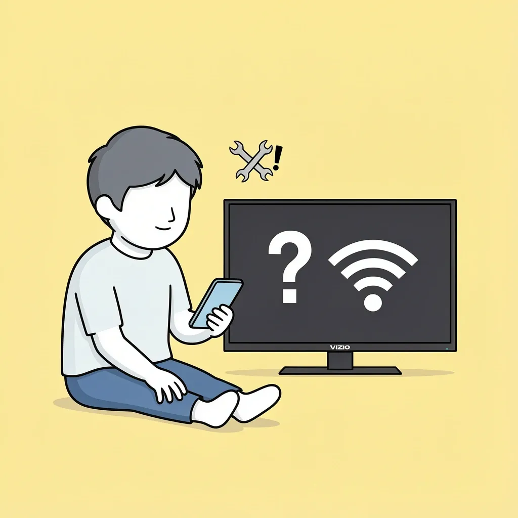 Person troubleshooting Vizio TV WiFi issues with smartphone and toolkit icon