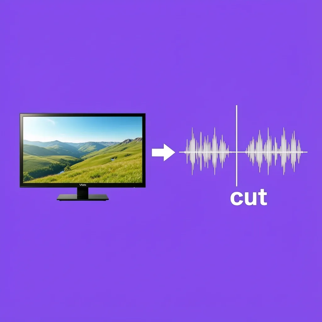Vizio TV Audio Drop Symptom Explained Vizio TV showing stable video with broken audio waveform illustrating audio cutting out