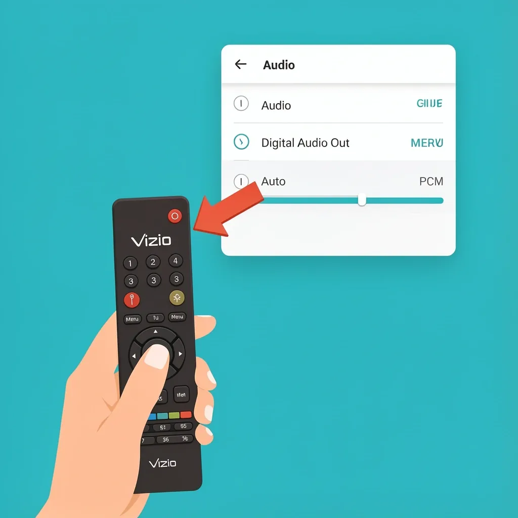 Vizio TV Audio Format Mismatch Fix Hand pressing remote menu button to change Vizio TV digital audio out from Auto to PCM
