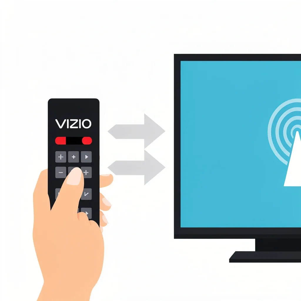 Vizio channel scan steps Hand holding Vizio remote while TV screen displays channel scan progress bar