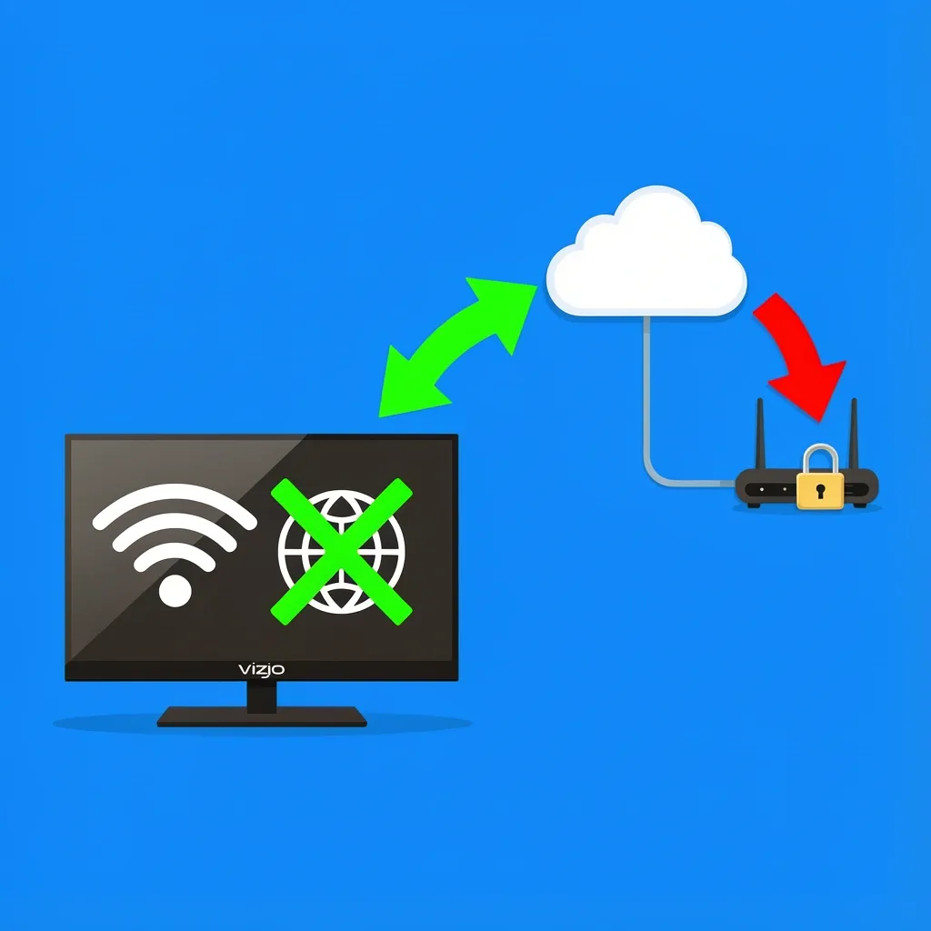 Vizio TV connected but no internet diagram Illustration showing Vizio TV with full Wi-Fi signal but broken internet connection indicated by red arrow and padlock barrier between router and cloud.