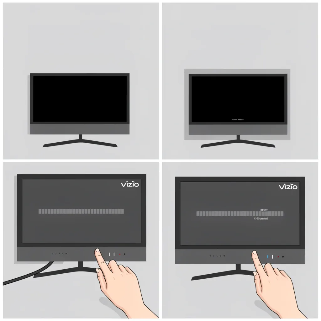 Step-by-step visual of Vizio TV factory reset process showing power button held during restart