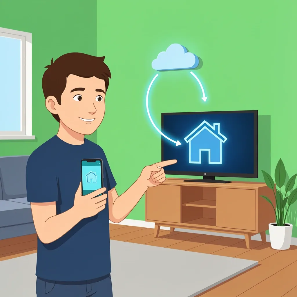 Person holding smartphone with network connection to Vizio TV showing IP address as house icon