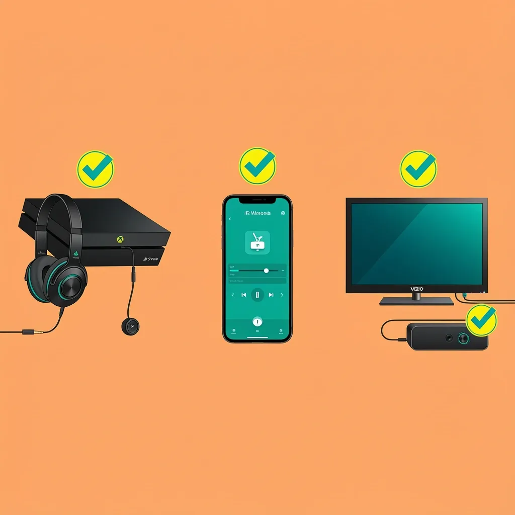Three-panel vector illustration showing a game console with a headset, a smartphone with an IR remote app, and a TV with a Bluetooth speaker connected via headphone jack, for volume control.