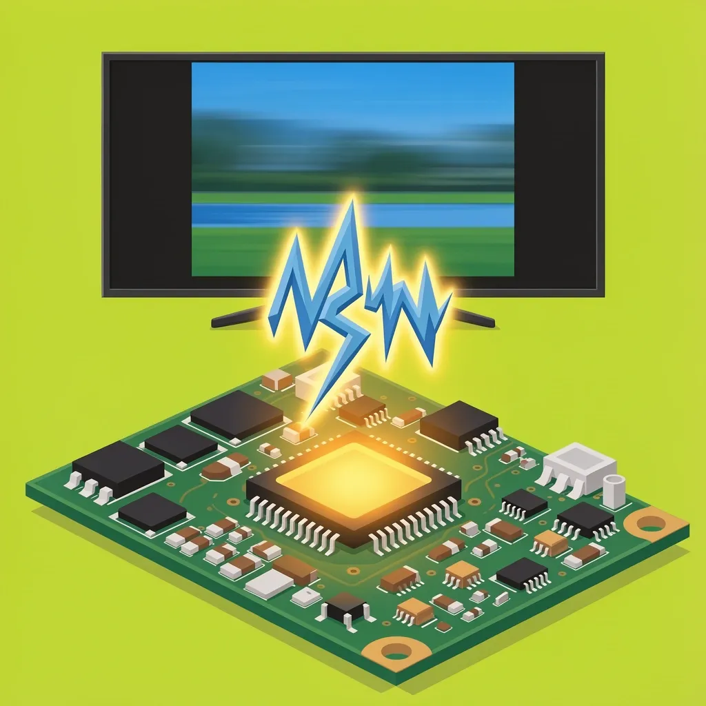 Audio Chip Failure on Vizio Main Board Vizio TV main board with highlighted audio chip and broken sound wave indicating chip failure