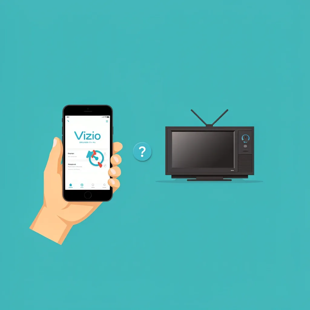 Smartphone with Vizio app and disconnected TV, physical buttons on TV highlighted