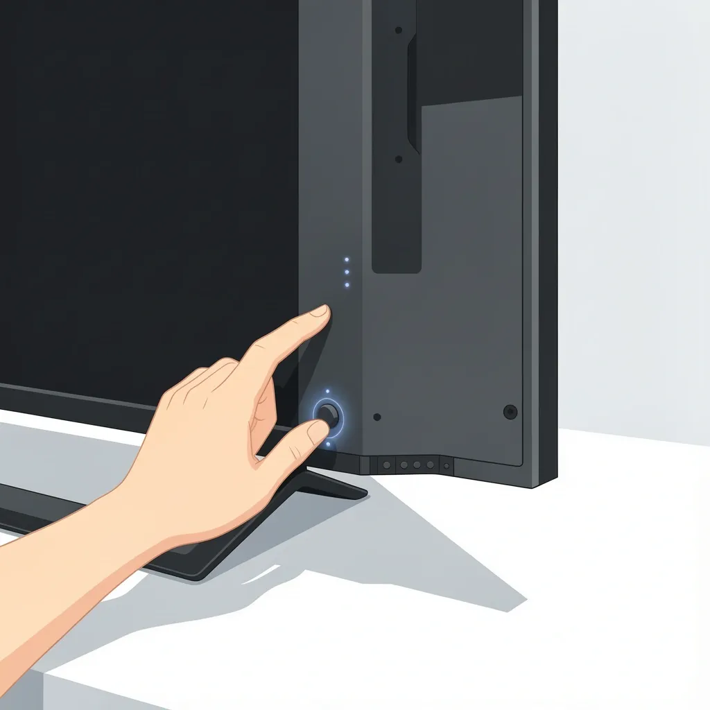 Person inspecting physical buttons on a Vizio TV by tactilely exploring the bottom edge and back panel
