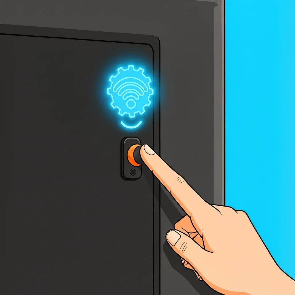 Hand pressing physical button on Vizio TV to navigate network settings and find IP address