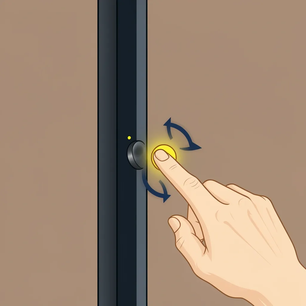Close-up vector of a Vizio TV side panel with a joystick button being pressed by a hand, with up and down arrows to show volume control directions.
