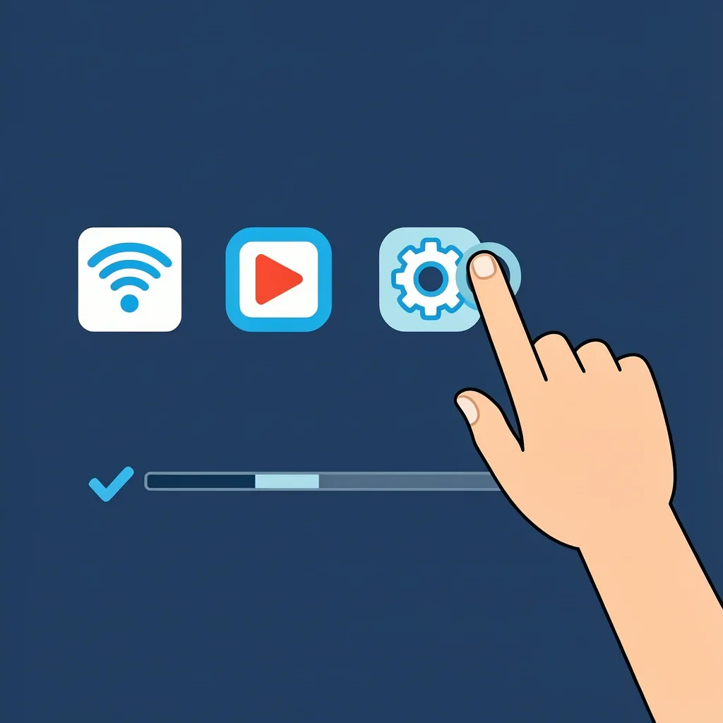 TV setup screen showing Wi-Fi, app login, and picture settings icons after factory reset
