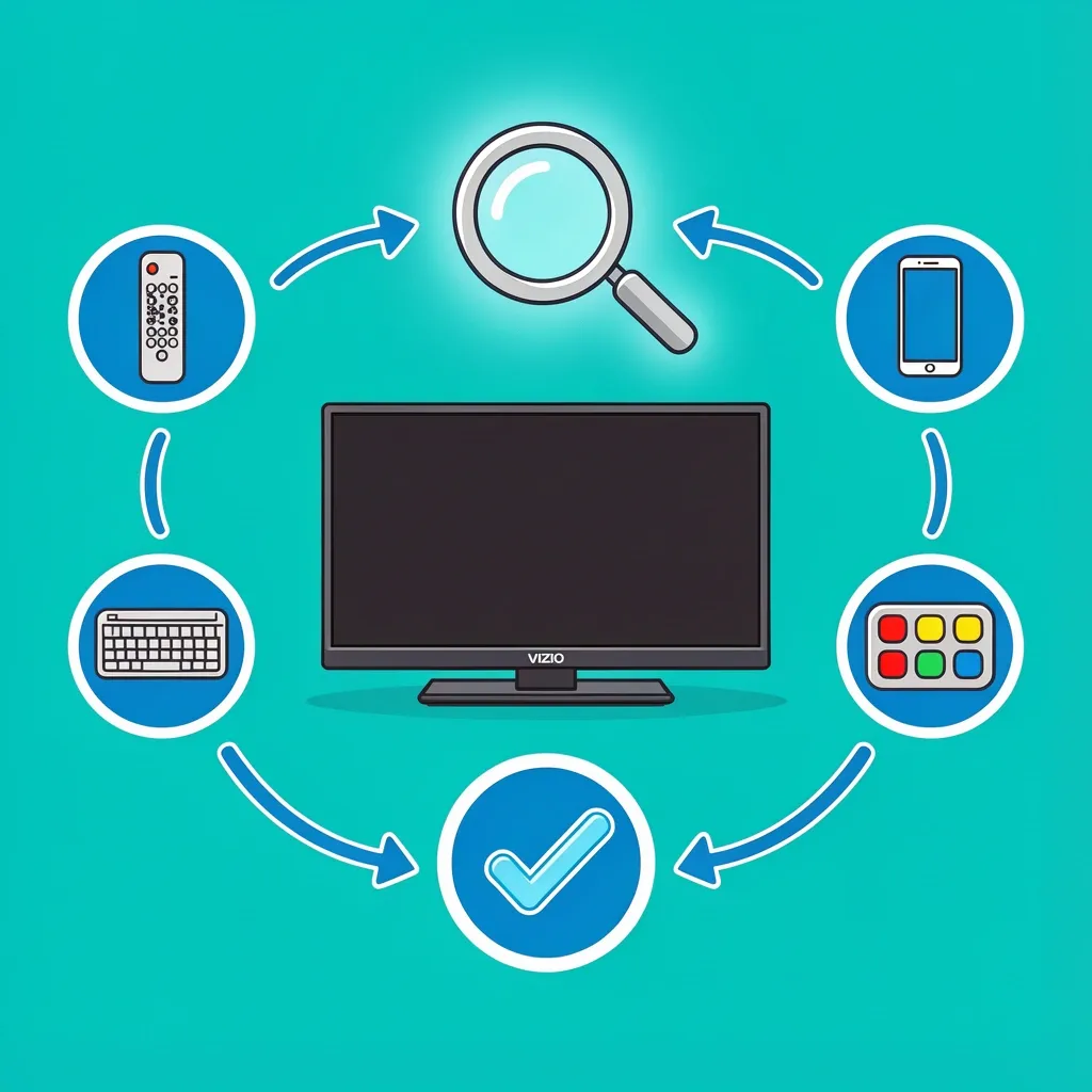 Illustration showing four methods to reset a Vizio TV without remote using buttons, app, keyboard, and universal remote