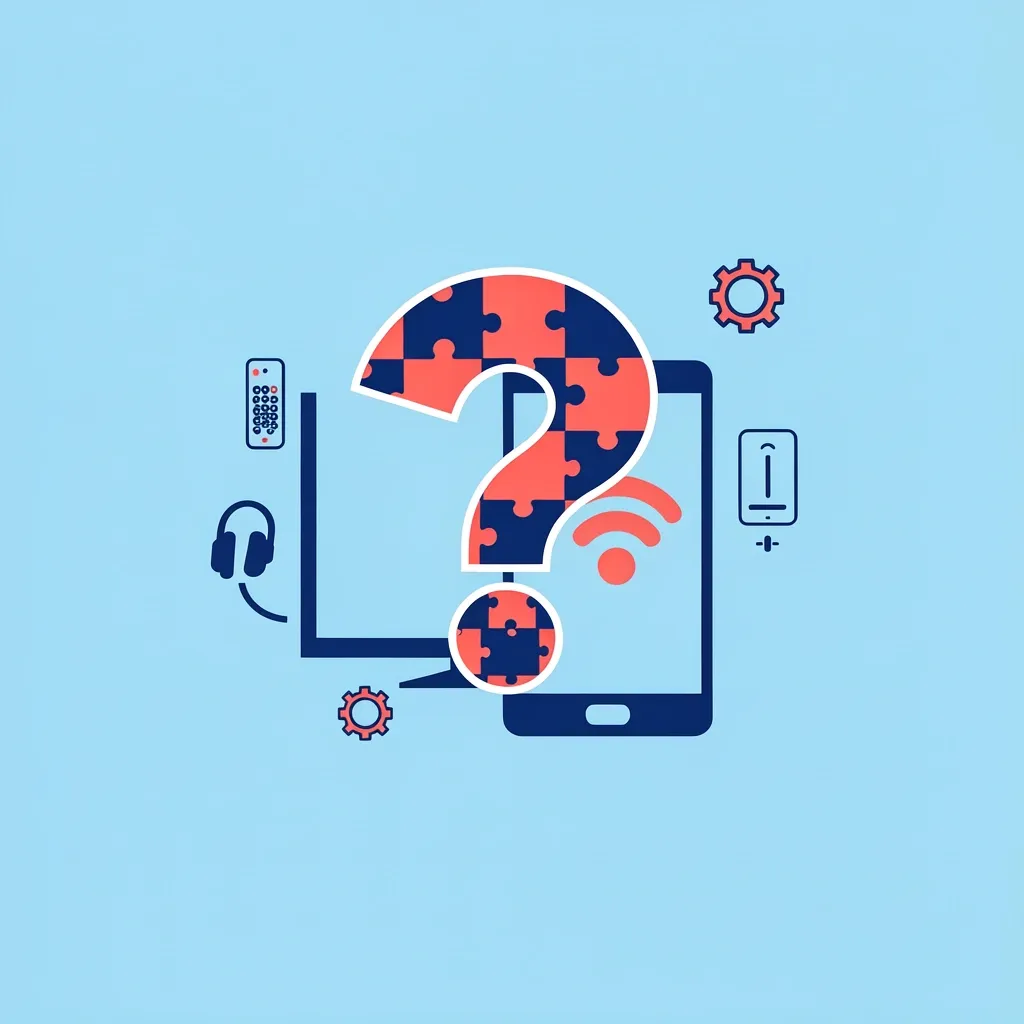 Illustration of a question mark made of puzzle pieces surrounded by icons of a universal remote, headset, volume slider, and gear, representing common Vizio volume questions.