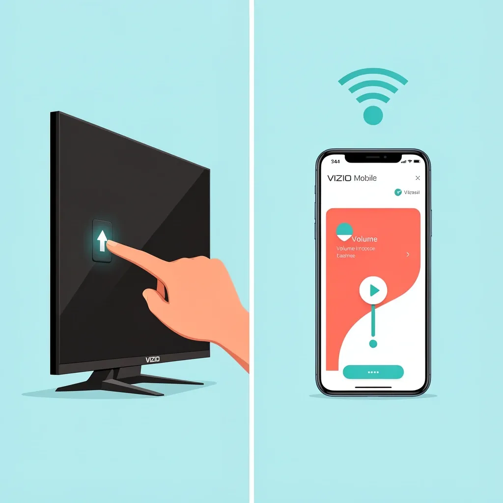 Split illustration comparing two ways to adjust Vizio TV volume: using physical buttons on the TV side and the Vizio Mobile app on a smartphone with a volume slider and Wi-Fi connection symbol.