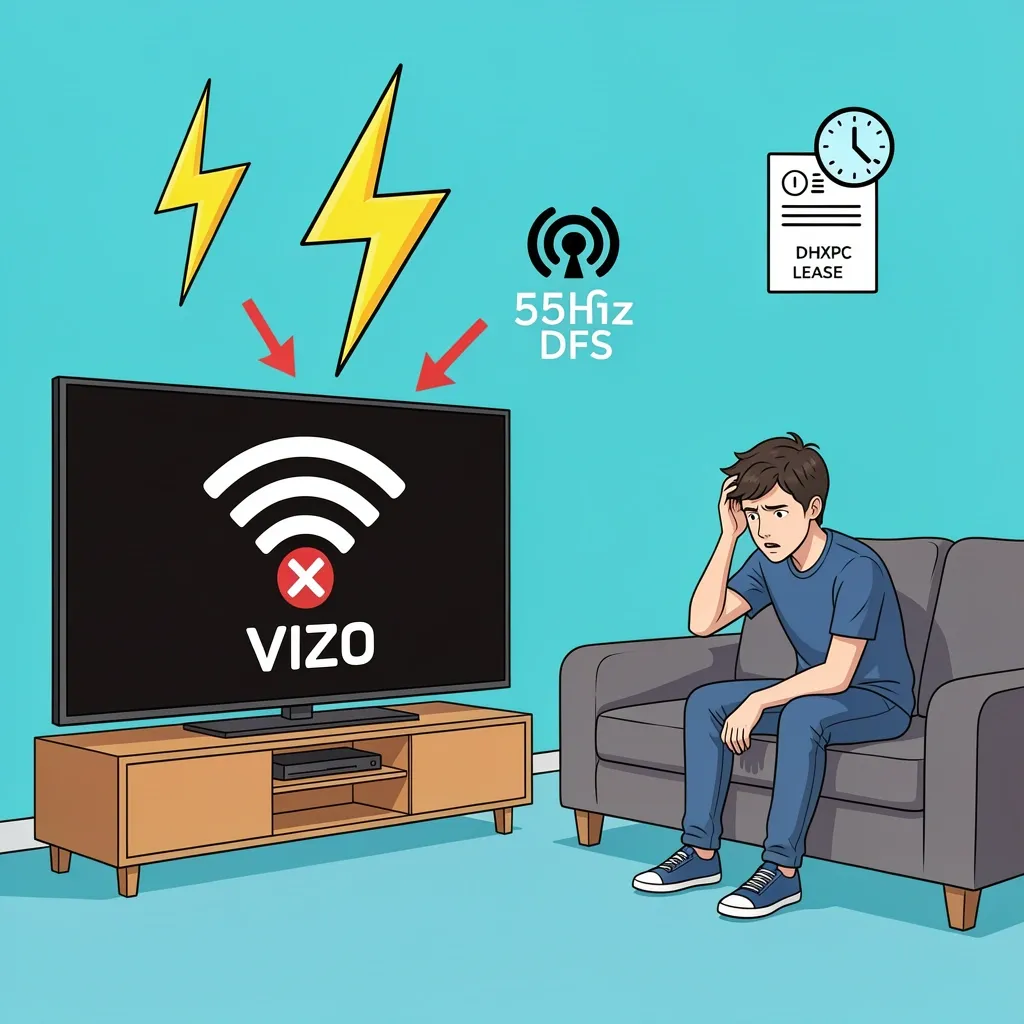 Vizio TV with broken Wi-Fi icon and arrows pointing to power saving, DFS radar, and DHCP lease issues