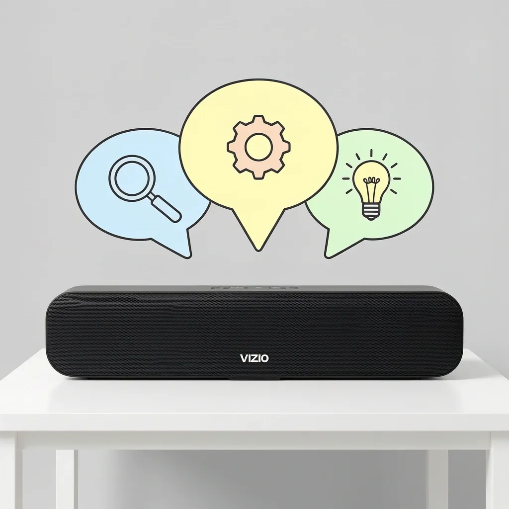 Vizio sound bar with floating question bubbles containing magnifying glass, gear, and lightbulb icons