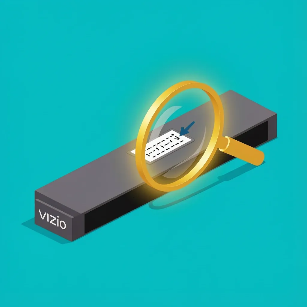 Vizio sound bar box with a magnifying glass highlighting the VRTX model code label
